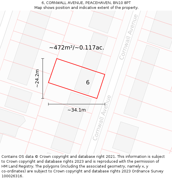 6, CORNWALL AVENUE, PEACEHAVEN, BN10 8PT: Plot and title map