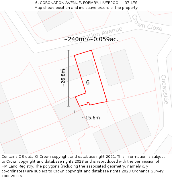 6, CORONATION AVENUE, FORMBY, LIVERPOOL, L37 4ES: Plot and title map