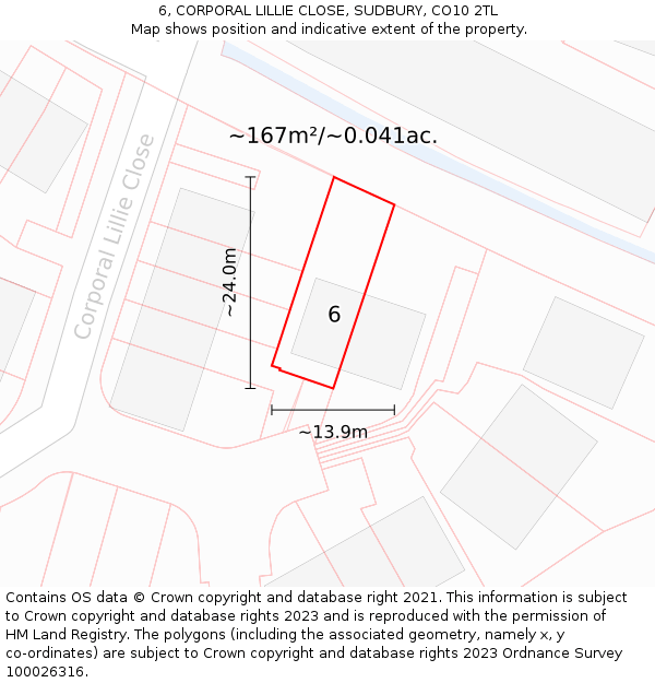 6, CORPORAL LILLIE CLOSE, SUDBURY, CO10 2TL: Plot and title map