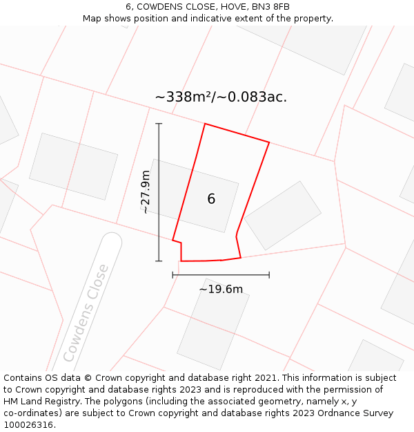 6, COWDENS CLOSE, HOVE, BN3 8FB: Plot and title map