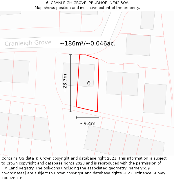 6, CRANLEIGH GROVE, PRUDHOE, NE42 5QA: Plot and title map