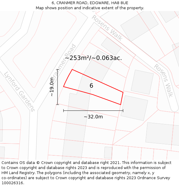 6, CRANMER ROAD, EDGWARE, HA8 8UE: Plot and title map