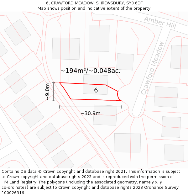 6, CRAWFORD MEADOW, SHREWSBURY, SY3 6DF: Plot and title map