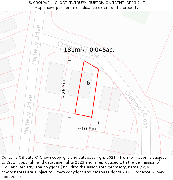 6, CROMWELL CLOSE, TUTBURY, BURTON-ON-TRENT, DE13 9HZ: Plot and title map