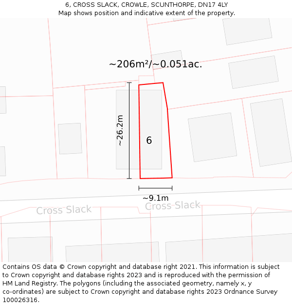 6, CROSS SLACK, CROWLE, SCUNTHORPE, DN17 4LY: Plot and title map