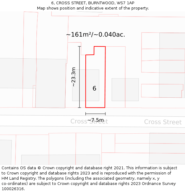 6, CROSS STREET, BURNTWOOD, WS7 1AP: Plot and title map