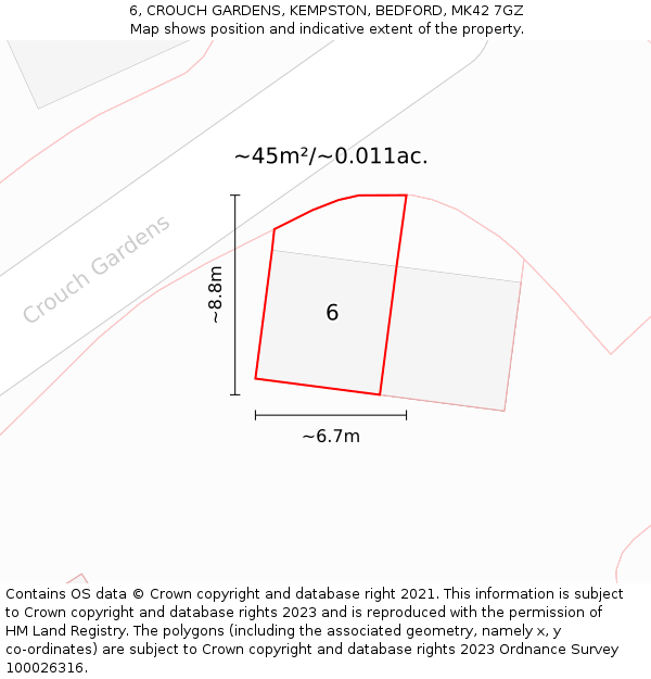 6, CROUCH GARDENS, KEMPSTON, BEDFORD, MK42 7GZ: Plot and title map