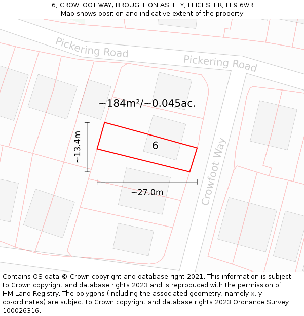 6, CROWFOOT WAY, BROUGHTON ASTLEY, LEICESTER, LE9 6WR: Plot and title map