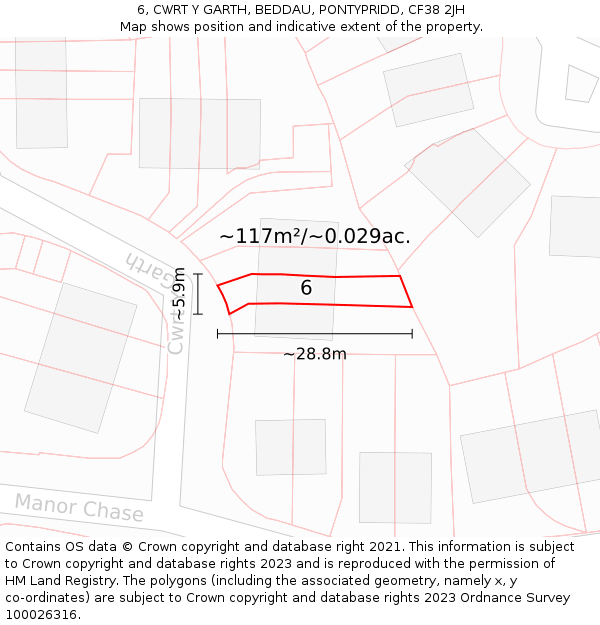 6, CWRT Y GARTH, BEDDAU, PONTYPRIDD, CF38 2JH: Plot and title map