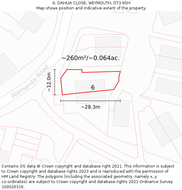 6, DAHLIA CLOSE, WEYMOUTH, DT3 6SH: Plot and title map