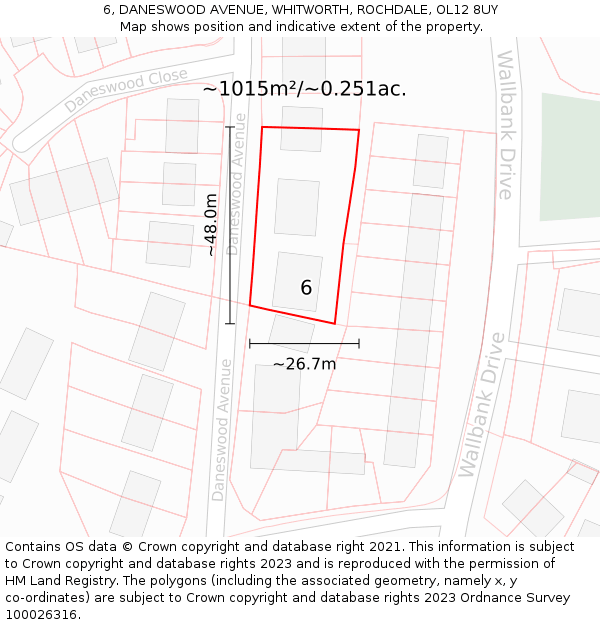 6, DANESWOOD AVENUE, WHITWORTH, ROCHDALE, OL12 8UY: Plot and title map