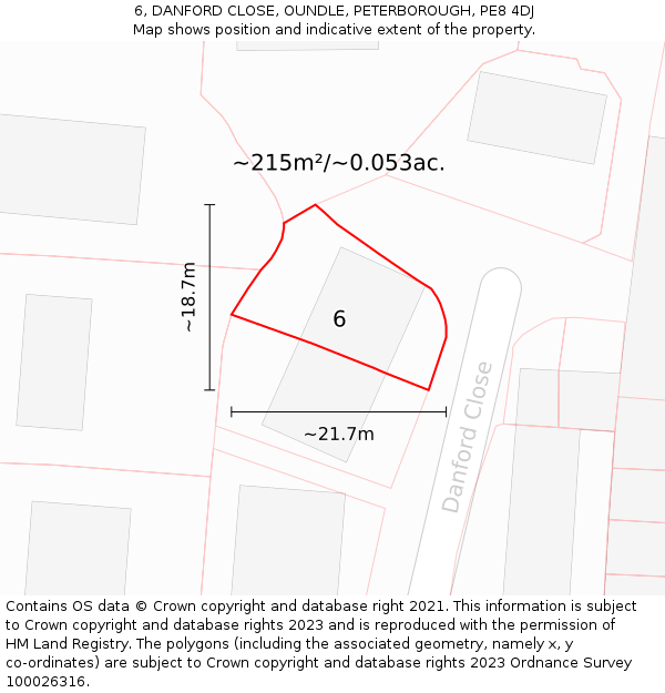 6, DANFORD CLOSE, OUNDLE, PETERBOROUGH, PE8 4DJ: Plot and title map