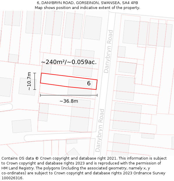 6, DANYBRYN ROAD, GORSEINON, SWANSEA, SA4 4PB: Plot and title map