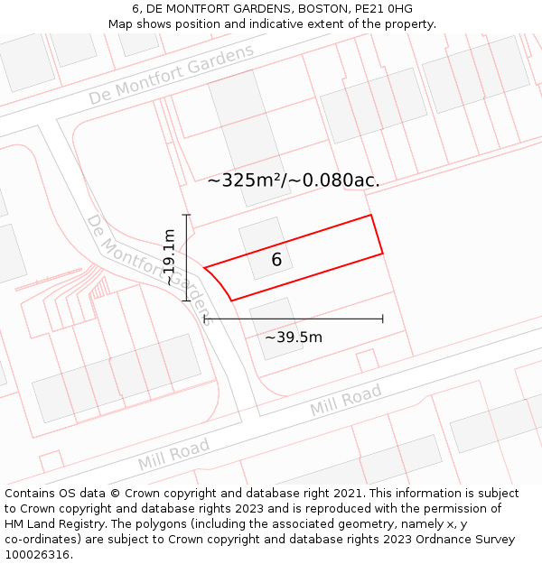 6, DE MONTFORT GARDENS, BOSTON, PE21 0HG: Plot and title map