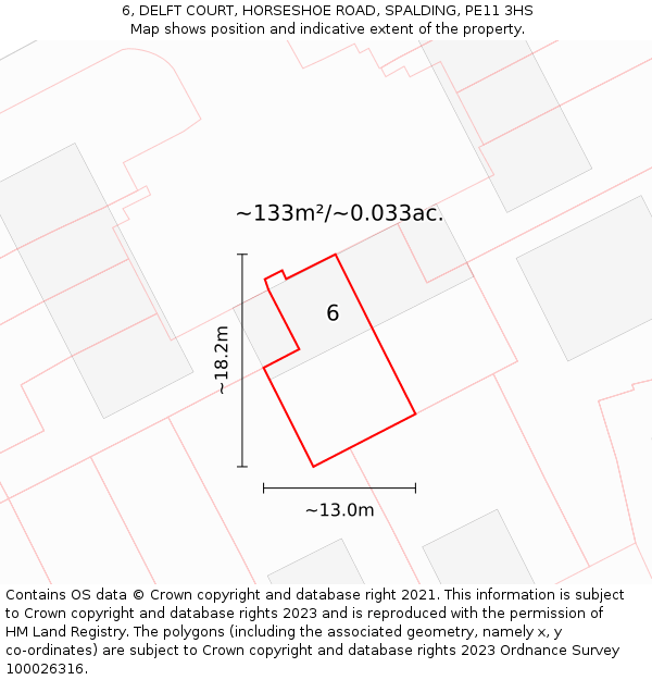 6, DELFT COURT, HORSESHOE ROAD, SPALDING, PE11 3HS: Plot and title map