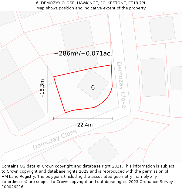 6, DEMOZAY CLOSE, HAWKINGE, FOLKESTONE, CT18 7PL: Plot and title map