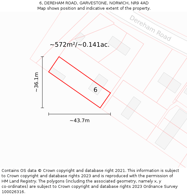 6, DEREHAM ROAD, GARVESTONE, NORWICH, NR9 4AD: Plot and title map