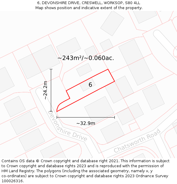 6, DEVONSHIRE DRIVE, CRESWELL, WORKSOP, S80 4LL: Plot and title map