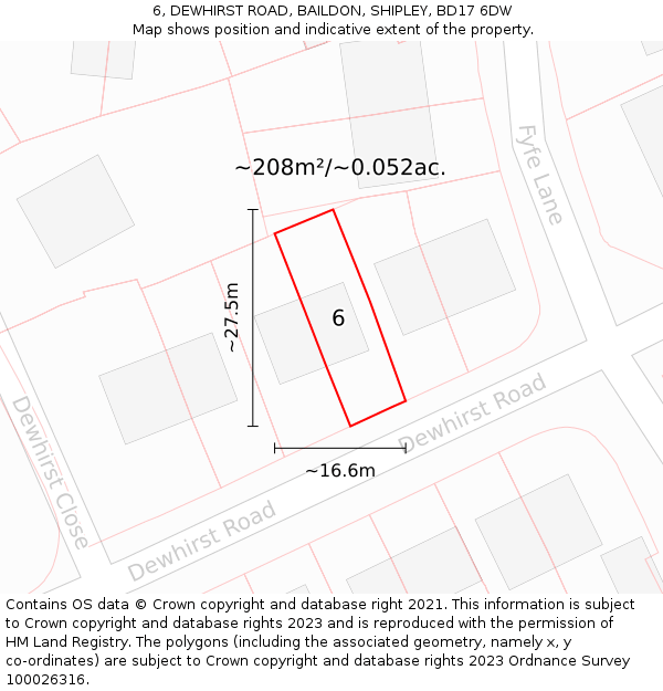 6, DEWHIRST ROAD, BAILDON, SHIPLEY, BD17 6DW: Plot and title map