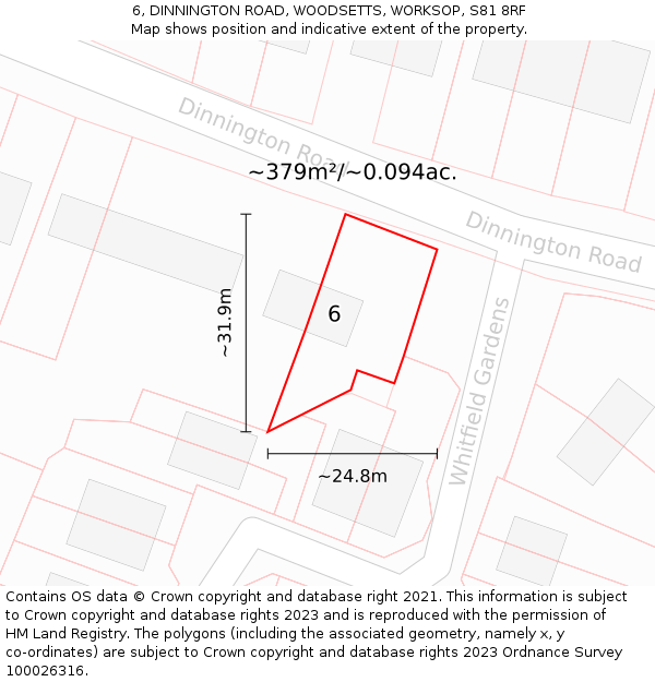 6, DINNINGTON ROAD, WOODSETTS, WORKSOP, S81 8RF: Plot and title map