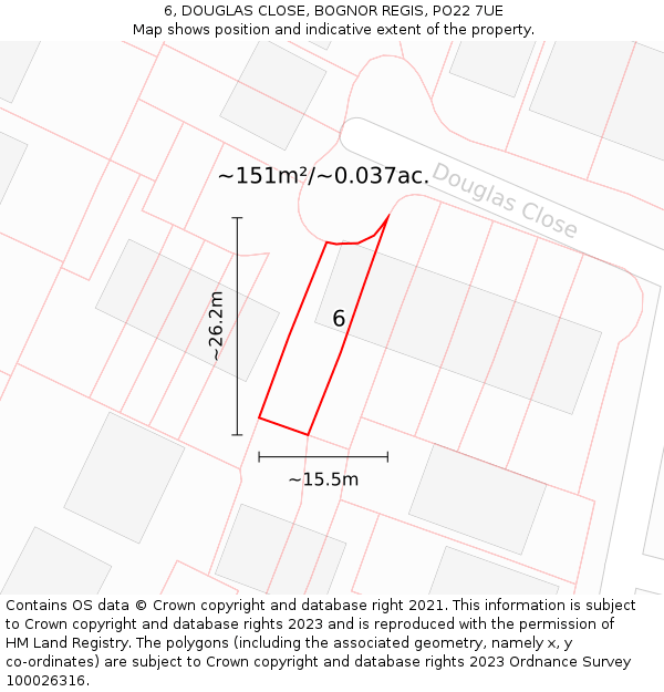 6, DOUGLAS CLOSE, BOGNOR REGIS, PO22 7UE: Plot and title map