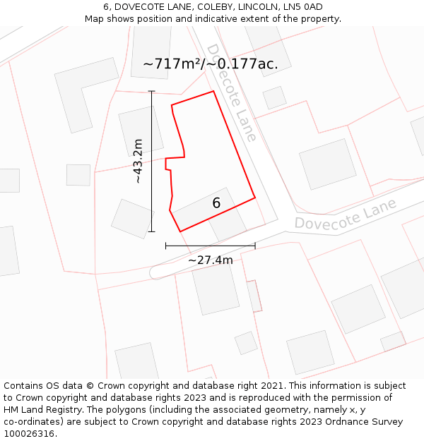 6, DOVECOTE LANE, COLEBY, LINCOLN, LN5 0AD: Plot and title map