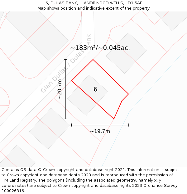 6, DULAS BANK, LLANDRINDOD WELLS, LD1 5AF: Plot and title map