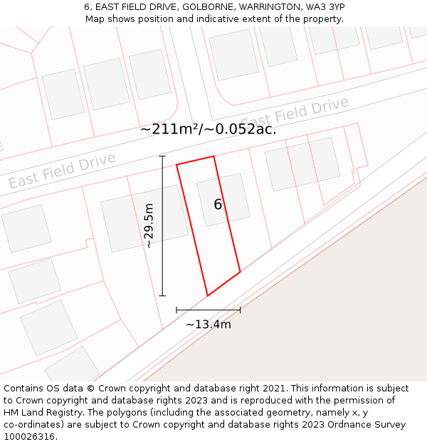 6, EAST FIELD DRIVE, GOLBORNE, WARRINGTON, WA3 3YP: Plot and title map