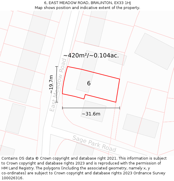 6, EAST MEADOW ROAD, BRAUNTON, EX33 1HJ: Plot and title map