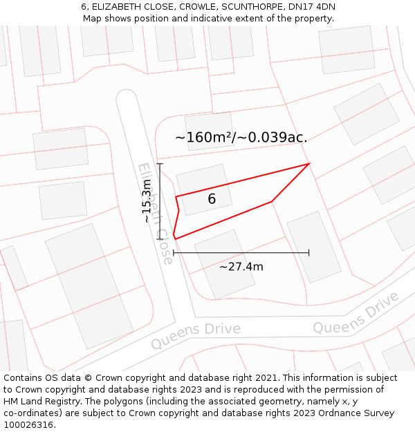 6, ELIZABETH CLOSE, CROWLE, SCUNTHORPE, DN17 4DN: Plot and title map