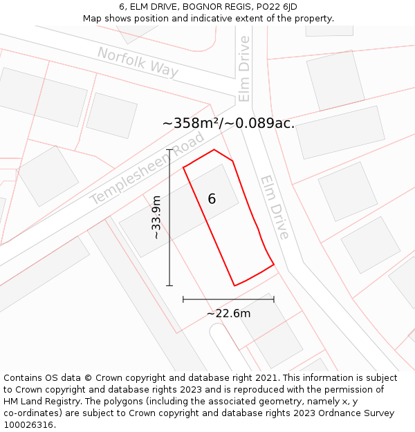 6, ELM DRIVE, BOGNOR REGIS, PO22 6JD: Plot and title map