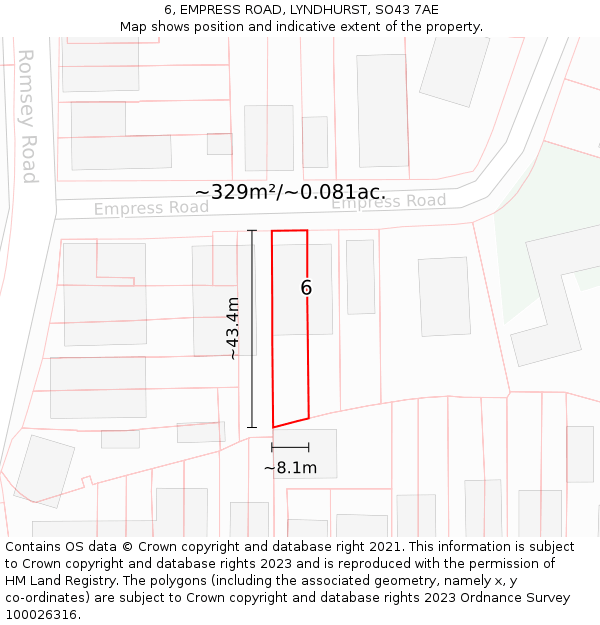 6, EMPRESS ROAD, LYNDHURST, SO43 7AE: Plot and title map