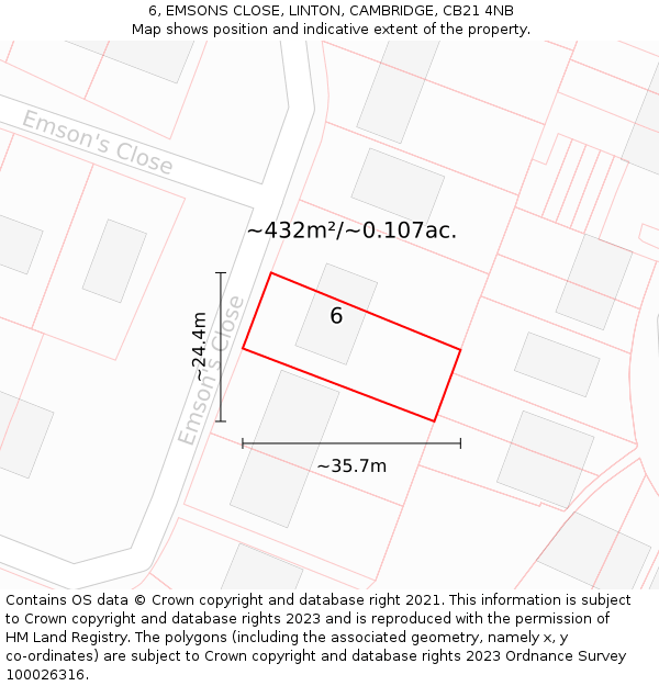 6, EMSONS CLOSE, LINTON, CAMBRIDGE, CB21 4NB: Plot and title map