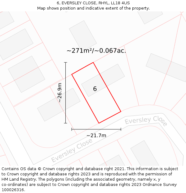 6, EVERSLEY CLOSE, RHYL, LL18 4US: Plot and title map