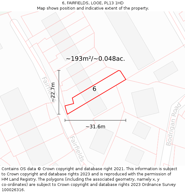 6, FAIRFIELDS, LOOE, PL13 1HD: Plot and title map