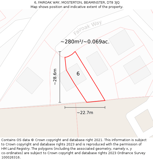 6, FAIROAK WAY, MOSTERTON, BEAMINSTER, DT8 3JQ: Plot and title map