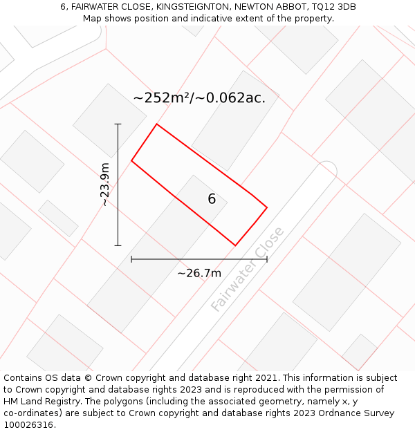6, FAIRWATER CLOSE, KINGSTEIGNTON, NEWTON ABBOT, TQ12 3DB: Plot and title map