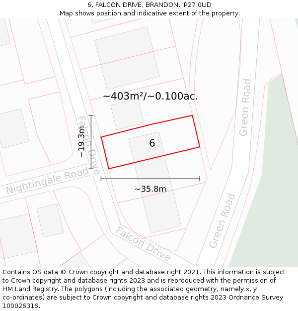 6, FALCON DRIVE, BRANDON, IP27 0UD: Plot and title map