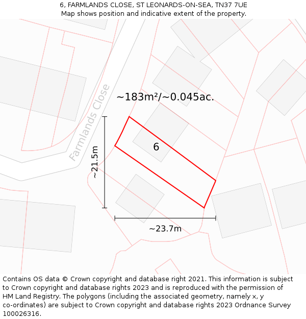 6, FARMLANDS CLOSE, ST LEONARDS-ON-SEA, TN37 7UE: Plot and title map