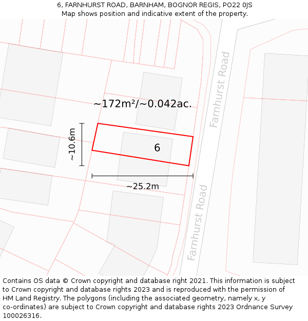 6, FARNHURST ROAD, BARNHAM, BOGNOR REGIS, PO22 0JS: Plot and title map