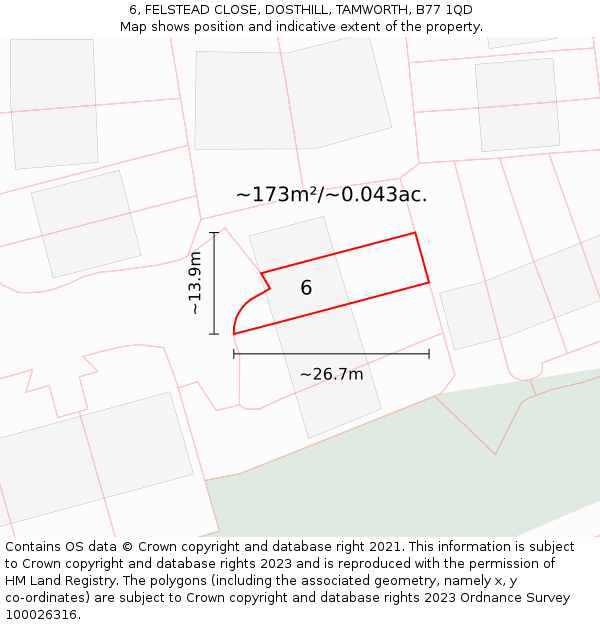 6, FELSTEAD CLOSE, DOSTHILL, TAMWORTH, B77 1QD: Plot and title map