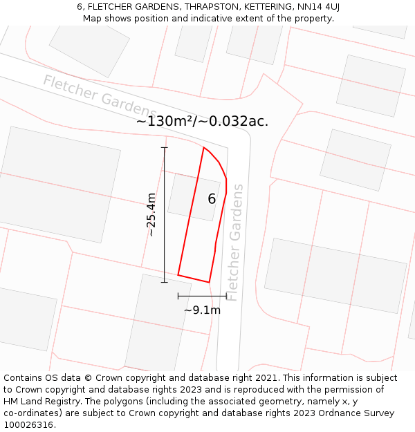 6, FLETCHER GARDENS, THRAPSTON, KETTERING, NN14 4UJ: Plot and title map