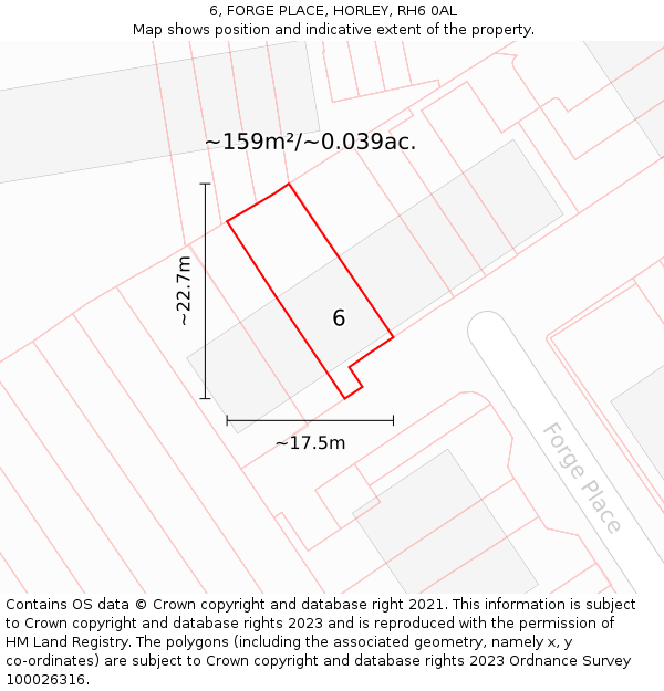 6, FORGE PLACE, HORLEY, RH6 0AL: Plot and title map