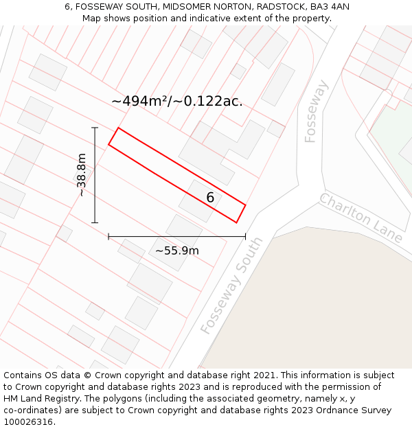 6, FOSSEWAY SOUTH, MIDSOMER NORTON, RADSTOCK, BA3 4AN: Plot and title map