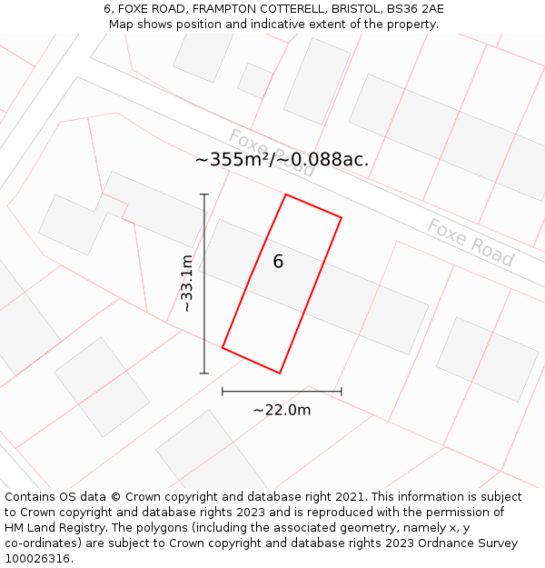 6, FOXE ROAD, FRAMPTON COTTERELL, BRISTOL, BS36 2AE: Plot and title map