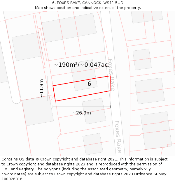 6, FOXES RAKE, CANNOCK, WS11 5UD: Plot and title map