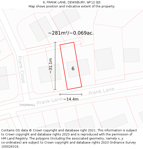 6, FRANK LANE, DEWSBURY, WF12 0JS: Plot and title map