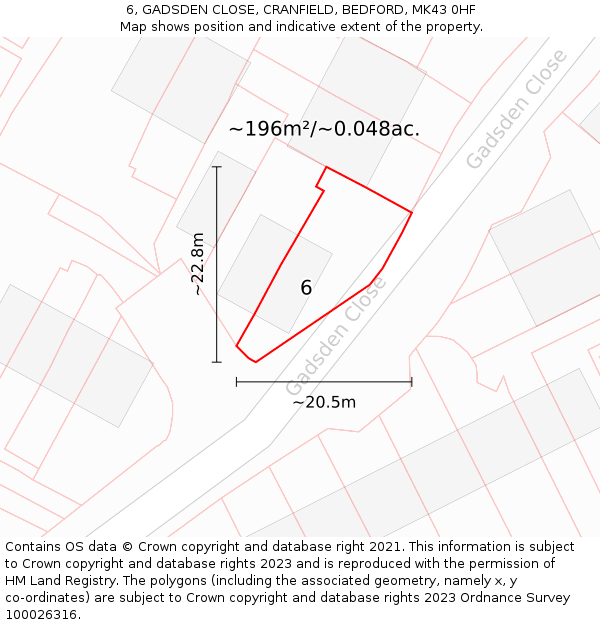 6, GADSDEN CLOSE, CRANFIELD, BEDFORD, MK43 0HF: Plot and title map