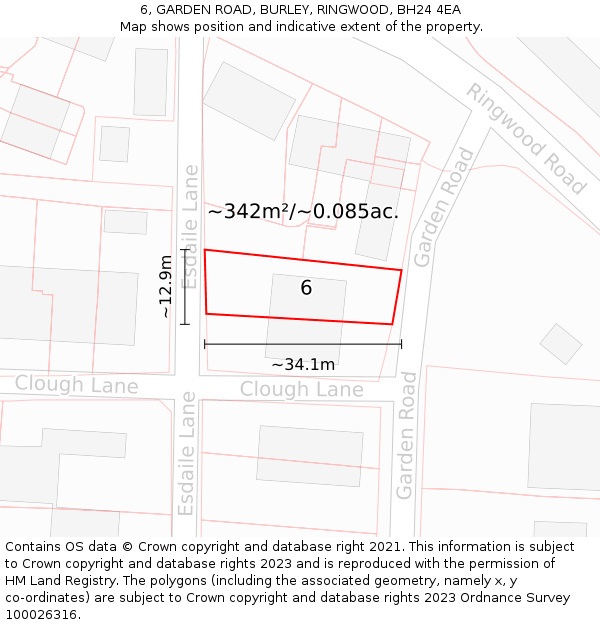 6, GARDEN ROAD, BURLEY, RINGWOOD, BH24 4EA: Plot and title map