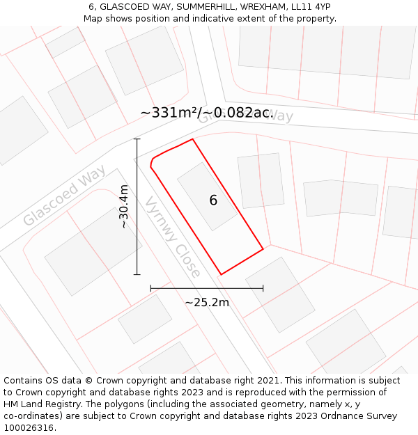 6, GLASCOED WAY, SUMMERHILL, WREXHAM, LL11 4YP: Plot and title map